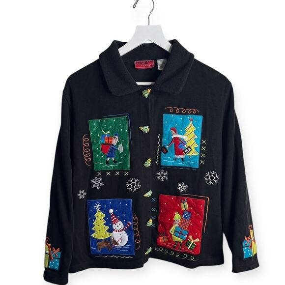 Vintage Sweaters - Vintage Christmas Appliqué Embroidered Button- front Knit Cardigan W1800 Sz XL